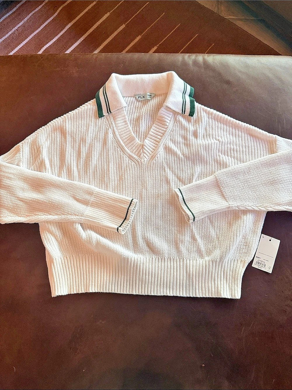 FLX Tennis Popover Sweater Cotton V-Neck White Large